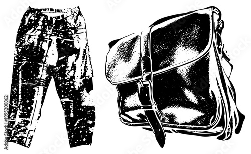 Grunge style halftone pants and messenger bag, urban streetwear apparel and accessory, vintage inspired graphic cutout set for print or web.