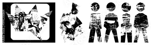 Stylized graphic symbols featuring pixelated textures, glitch art effects, and minimalist silhouettes ideal for digital interfaces or print.