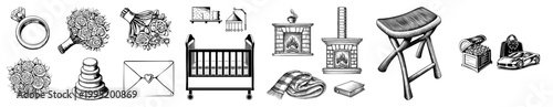 Black and white engraved clip art collection featuring nuptial and domestic bridal bouquet, cradle, hearth, folding stool, jewelry box, sports car ideal for invitations or decor.
