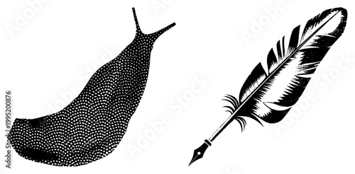 Graphic snail silhouette with stipple texture beside vintage quill pen, ink nib tool, calligraphy instrument, writing utensil, retro drafting symbol.