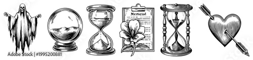 Etched art symbols including specter, sand timer, wounded heart, medical chart ideal for gothic, esoteric, or apothecary themed designs.