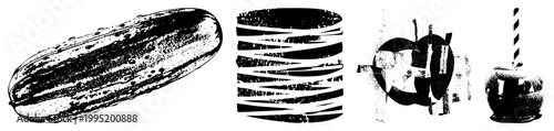 Stylized vegetable and fruit illustrations, pickled cucumber graphic, caramel, food design elements, halftone art. Isolated, cutout, rgba