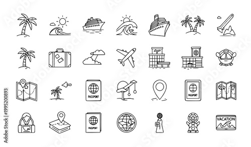 Travel icons vector hand drawn tropical beach cruise airport vacation set