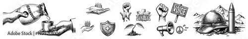 Political symbolism collection featuring activism, engagement motifs, social justice graphics, governance emblems, and conflict representation.