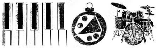 Distressed music instrument keyboard, gaming die pendant, percussion set ideal for retro designs, vintage graphics, or print.