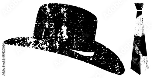 Vintage style fedora hat paired with necktie, both rendered in gritty halftone effect ideal for retro designs, graphic art, or fashion branding.