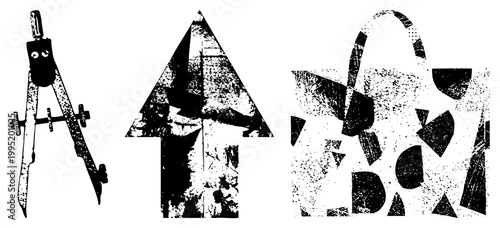 Distressed graphic symbols including drafting tool, directional indicator, and fragmented ideal for edgy design, urban art, or punk aesthetics. Isolated, cutout, rgba