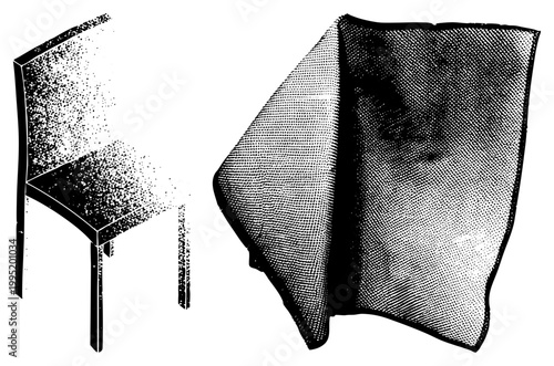 Stippled dining chair graphic rendered in dot matrix style, pointillism furniture design, minimalist seating silhouette, modern decor element, interior.