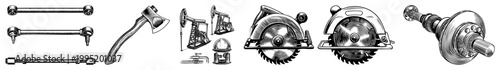 Detailed art illustrations of mechanical including tie rods, axes, oil pumps, circular saws, and axle assemblies perfect for technical diagrams or design motifs.