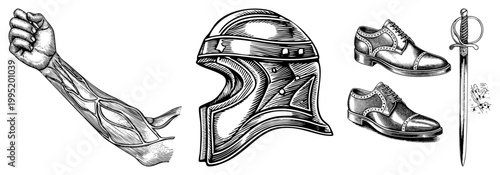 Human forearm anatomy with visible muscle groups, knight’s sallet helmet, classic dress shoes, fencing rapier engraved art for educational or use.