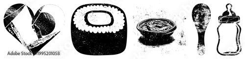 Distressed graphic symbols including love emblem, nigiri sushi, soup bowl, feeding utensil, infant bottle ideal for vintage designs or edgy branding.