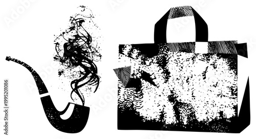 Vintage smoking pipe emitting stylized smoke plumes alongside distressed shopping tote, retro graphic, silhouette art, hipster accessory illustration.