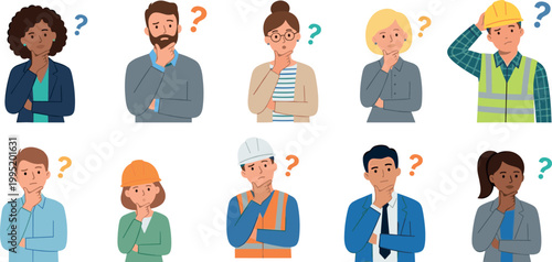 Thinking people collection with diverse professional characters and question marks, diverse business person group in doubt, isolated on transparent background