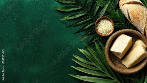 Cheese, bread, and tropical leaves on a dark green background