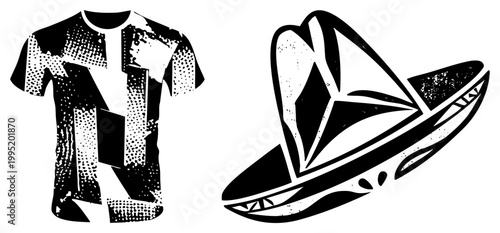 Graphic tee and Mexican hat design, stylized apparel illustration, halftone print, cultural, flat vector art, fashion graphic.