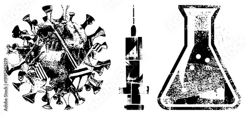 Abstract coronavirus with vaccine syringe and lab flask, pathogen symbol, contagion graphic, biomedical motif, halftone design.