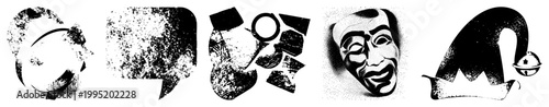 Distressed halftone graphic symbols including chat bubble, theatrical mask, jester cap also called vintage stencil, retro screen print elements, punk collage motifs.