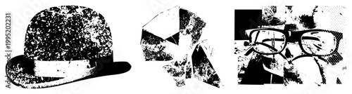 Retro vintage headwear, formal neckwear, and spectacles rendered in distressed style ideal for badges, logos, or retro branding. derby hat, cravat, spectacles.