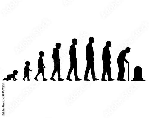 Vector illustration. Silhouette of growing up man from baby to old age. Many people of different ages in a row.	

