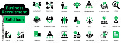 Solid vector of Business Recruitment icon set. Business Recruitment solid icon set. Human resources fill icon collection. Set of teamwork, recruitment, leadership, communication, motivation. 