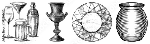 Retro engraved barware collection including cocktail shaker,, and plate ideal for vintage menus or speakeasy themes. etched glassware, antique drink vessels.