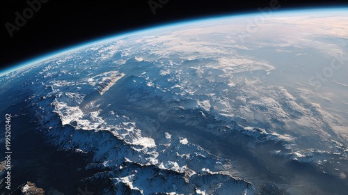 Stunning view of snowy mountains and clouds from Earth's orbit