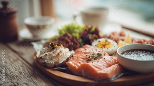 Delicious and Fresh Smoked Salmon Breakfast Platter with Eggs, Salad, and Soup