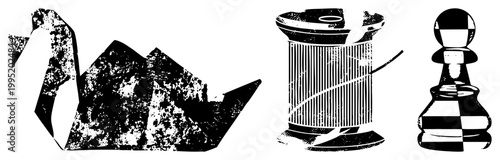 Distressed graphic set featuring folded paper bird, sewing thread reel, and checkered game piece also called ragged trio, weathered symbol cluster.