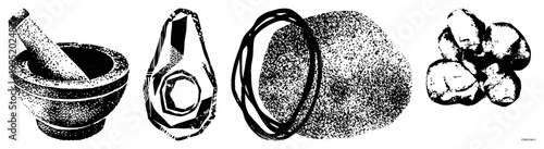 Stippled halftone illustration of grinding tools, gem cut, jewelry, powdered substance, and raw minerals also called dotwork or pointillist vector elements.