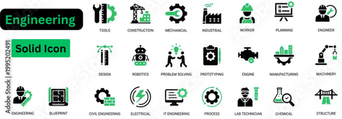 Solid vector of Engineering icon set. Engineering solid icon set. Engineering icon set. Containing blueprint, engineer, tools, construction, mechanical, industrial, worker, engine, manufacturing. 