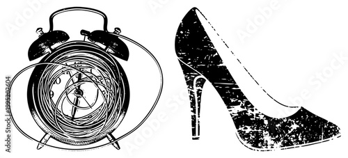 Vintage alarm clock with tangled wires and stiletto pump rendered in gritty, ideal for fashion or time themed projects. retro timepiece, glam footwear.