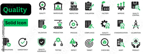 Solid vector of Quality icon set. Quality solid icon set. Quality management icon. Includes quality badge, checklist, defect alert, production, satisfaction, approval, continuous improvement. 