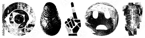 Rugged halftone graphics including eye, avocado, hand gesture,, ribcage distressed vector symbols for edgy design, urban branding, streetwear art.