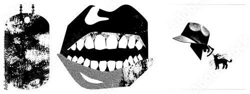 Distressed halftone graphic collection including military ID tag, toothy grin, fedora hat silhouette also known as punk vector pack or grunge typography elements.