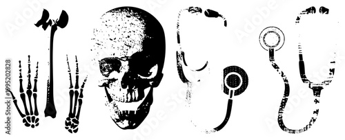 Gothic skull illustration with stethoscope, skeletal hands, and femur bone macabre medical graphics, anatomical symbols, horror themed vector art.