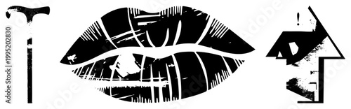 Graphic illustration of bold lips with distressed, vector mouth design, halftone inspired lip art, ideal for tattoo or streetwear motifs.