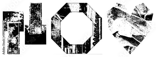 Stylized black and white graphic elements, fragmented shapes, distressed halftone, digital art assets, vector illustrations, collage style design pieces.