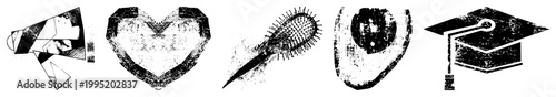 Rugged halftone style symbols including megaphone, heart, hairbrush, shield, graduation cap ideal for edgy branding or punk design aesthetics.