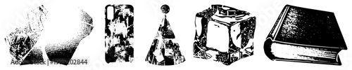 Stylized halftone graphic elements including polygonal forms, smartphone accessory, conical party cap, ice block, and bound volume ideal for print or digital design.