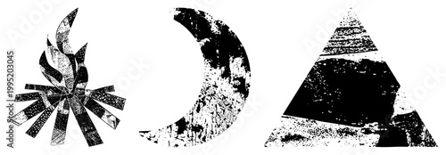 Distressed glyph representing elemental forces flame, moon, and rendered as halftone vector graphics, ideal for occult or esoteric branding.