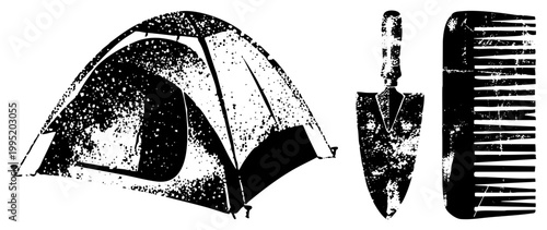 Outdoor shelter for camping trips, portable tent with vintage texture, garden tool set including trowel and comb, retro print aesthetic.