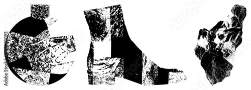 Monochromatic halftone graphic with deconstructed shapes, pixelated, and irregular silhouettes stylized cutout art using dot matrix texture.