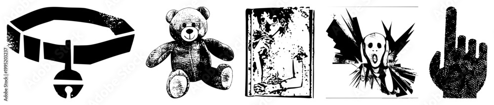 Obraz premium Halftone pet collar, teddy bear, horror comic, scream mask, raised hand. Print/digital use. Also called stipple or dot matrix art.