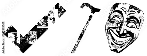 Distressed halftone graphic set including approval symbol, walking stick, and comedic mask also known as comic, validation mark, or crutch glyph.