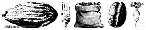 halftone print featuring edible items almond (prunus dulcis), coffee seed (coffee bean), root vegetable (radish), utensil, burlap sack. Vintage engraving style.
