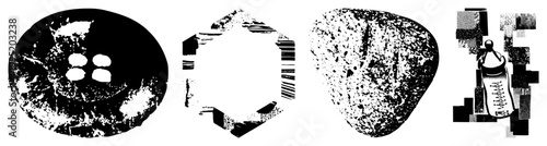 Distressed halftone sew through button, hexagon frame, rock silhouette, feeding bottle vector cutouts. Alt gritty, noise textured glyphs.