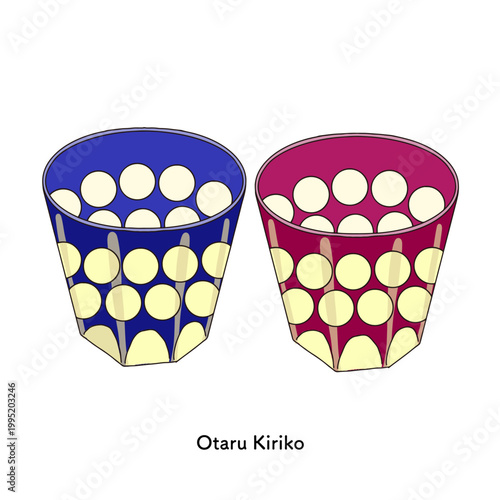 小樽切子のグラスセット｜青と赤の和風ガラス食器・伝統工芸デザインイラスト