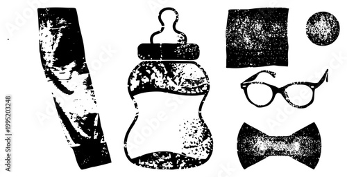 Distressed graphic elements including infant feeding bottle, neckwear accessory, eyewear frame, and textured geometric forms ideal for retro branding or punk design projects.