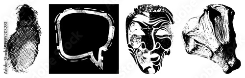 Black and white graphic symbols including dialogue box, theatrical mask, organic shape, and textured crumple ideal for UI, print, or branding. glyph set, pack.