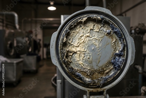Macro close-up of a dry cleaning reservoir lid interior hardened with detergent paste and lint